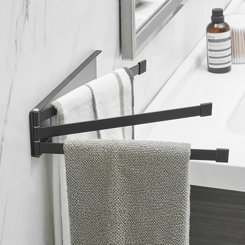 Carbon steel folding towel bar in black or white with no-punch installation for bathroom