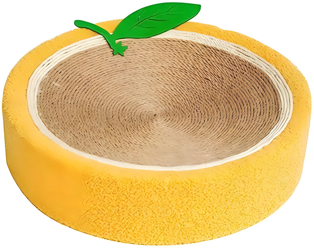 Yellow round sisal cat scratching board with concave centre forming a bed