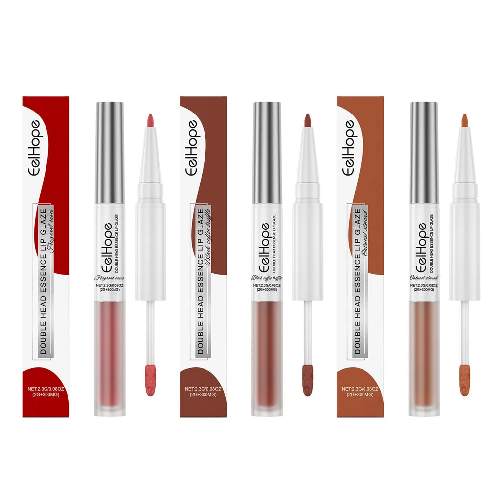Double-headed lip liner and lip lacquer pen showing precision applicator tips for matte lip definition and colour