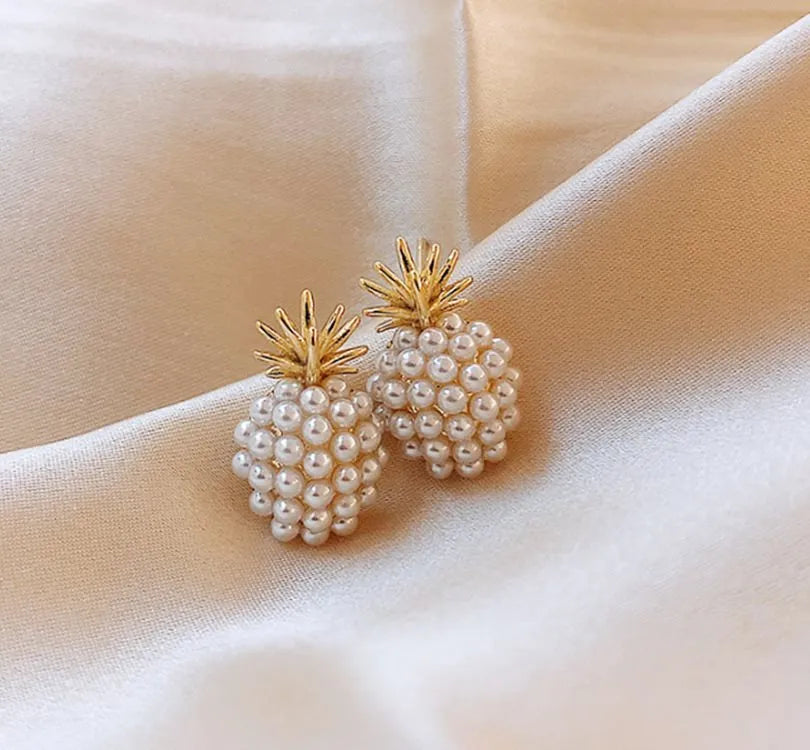 Korean style pineapple starfish pearl earrings in electroplated alloy with gemstone inlay