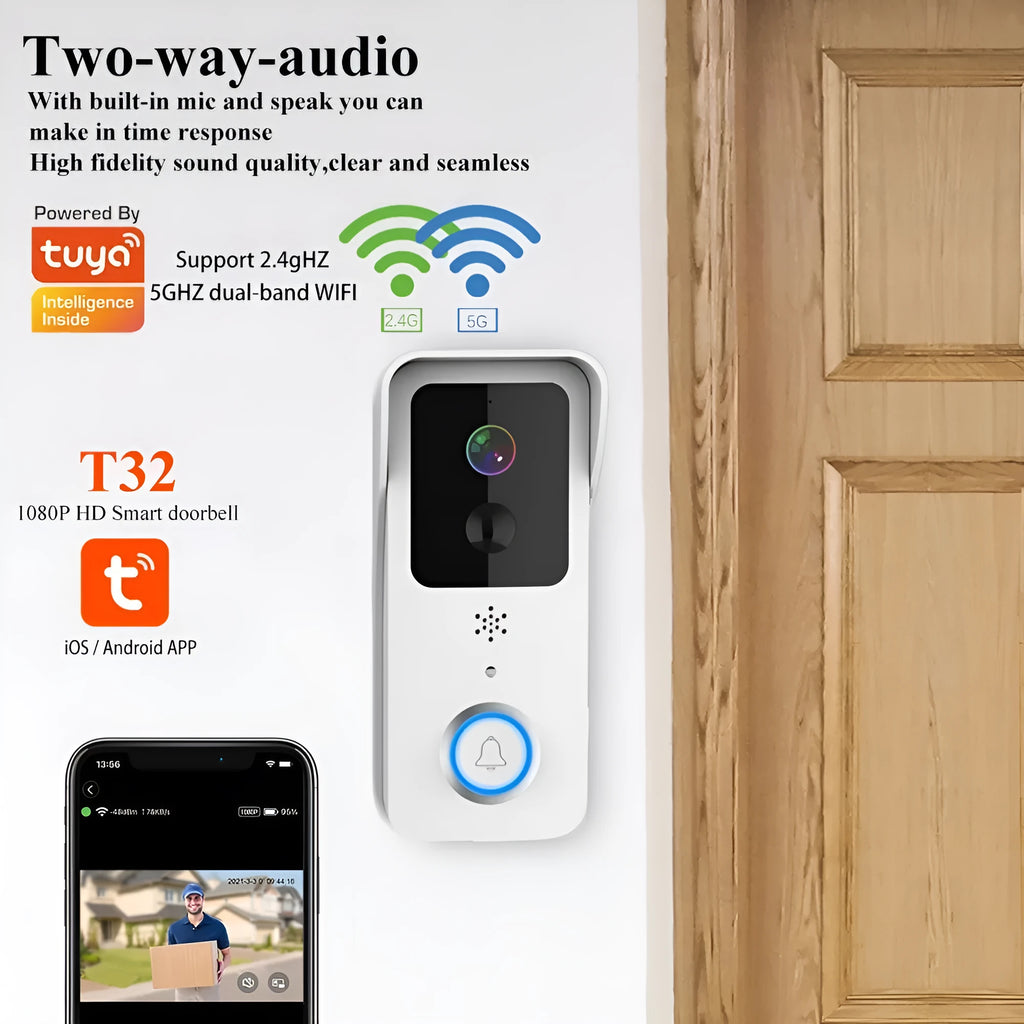 Black or white smart visual doorbell with camera, button, and waterproof casing for outdoor mounting.