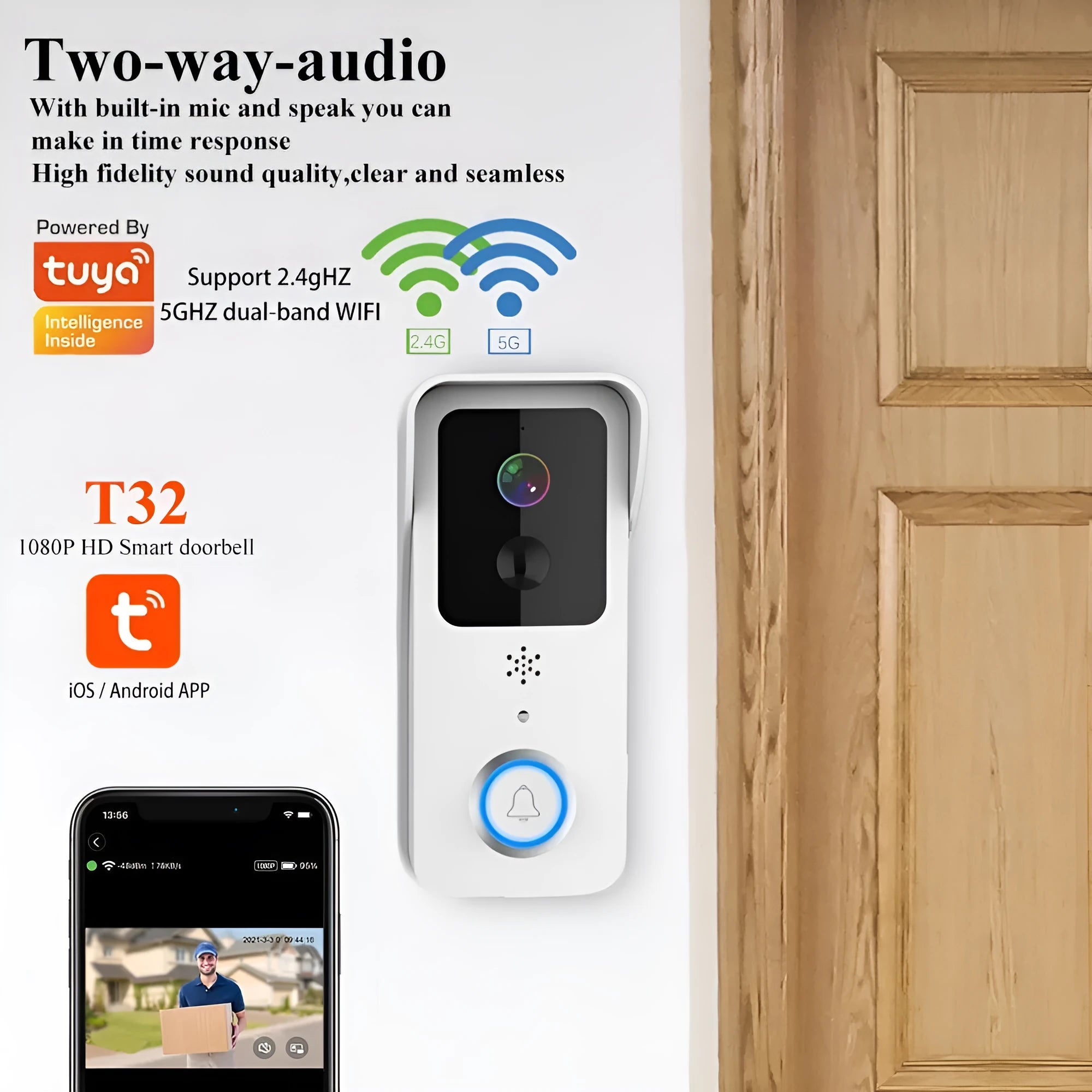 Black or white smart visual doorbell with camera, button, and waterproof casing for outdoor mounting.