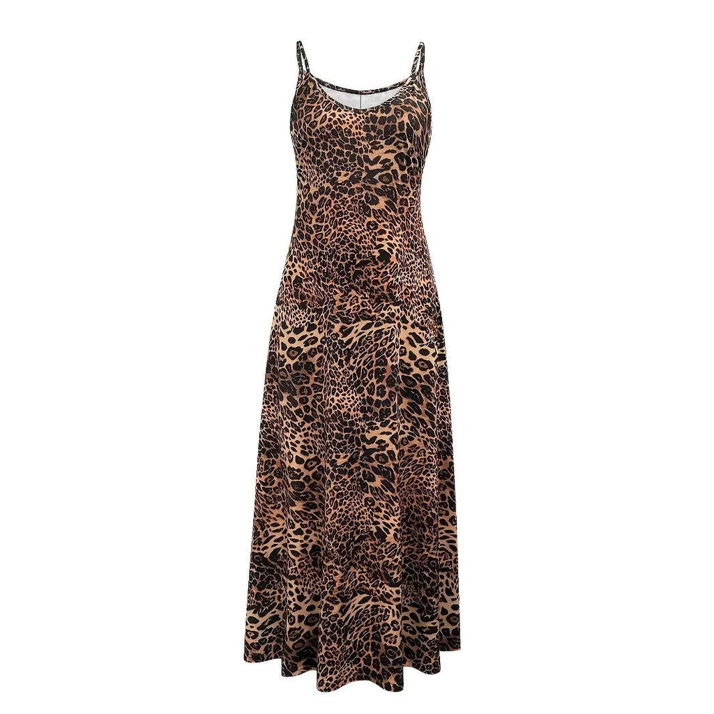 Dark brown leopard print casual dress with sleeveless design and round neckline