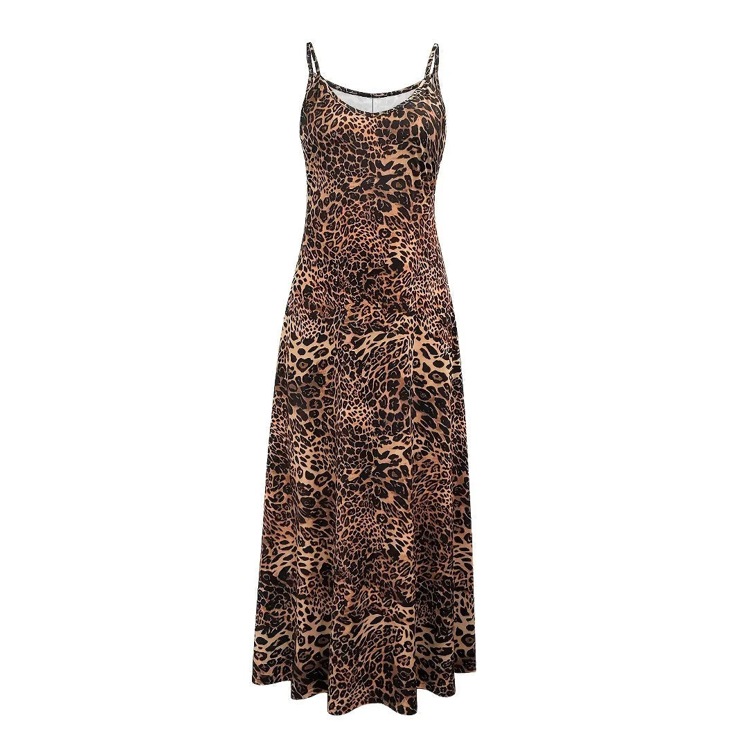Dark brown leopard print casual dress with sleeveless design and round neckline