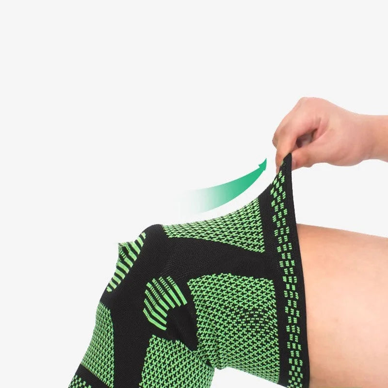 Sports silicone spring knee pad in blue, shown on a leg, with size options M, L, XL.