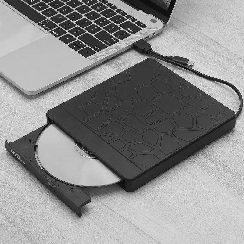 Black external optical drive for notebook computers with dual USB connectors