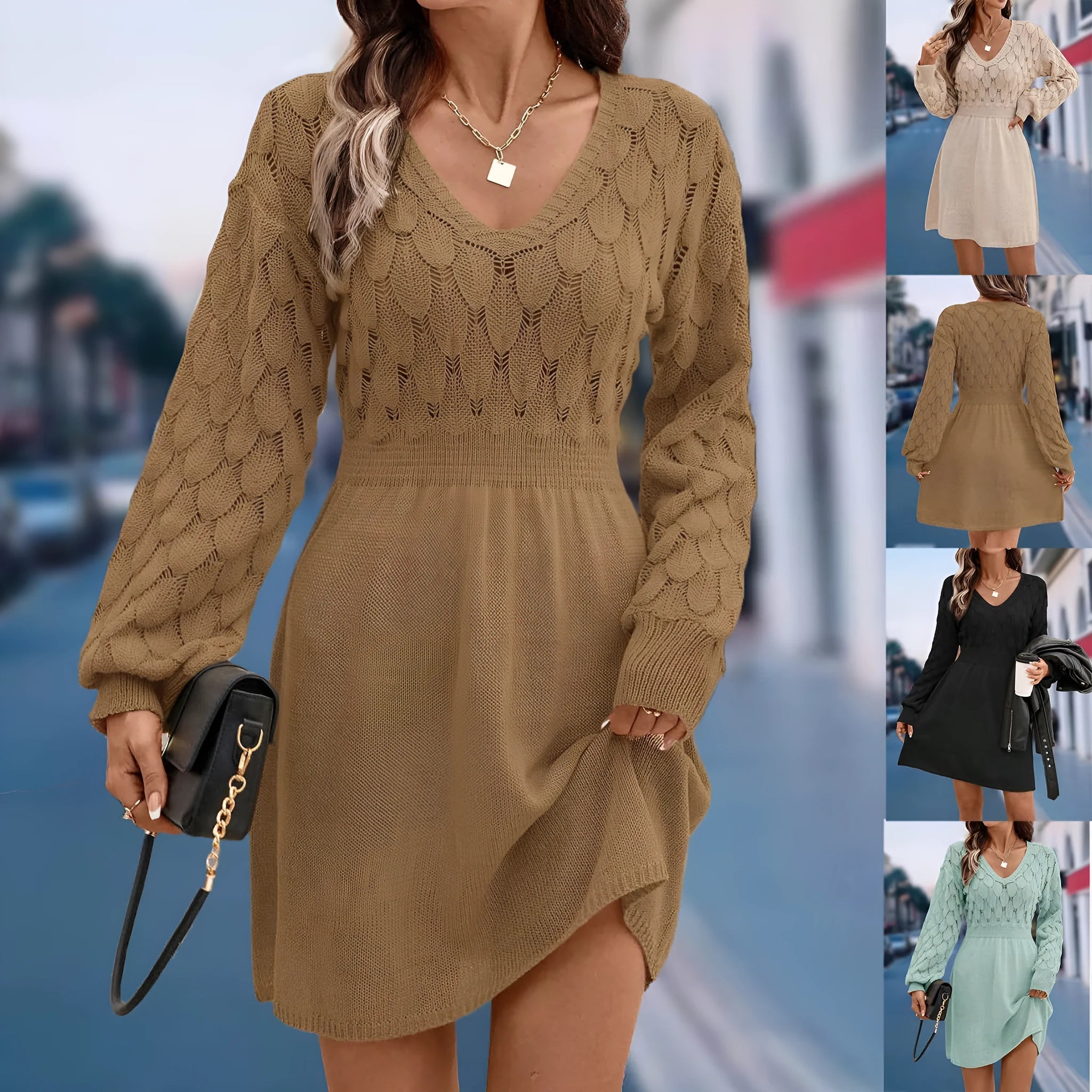 Woman wearing an apricot coloured acrylic V-neck ethnic dress with 3D patterns and a high waist.