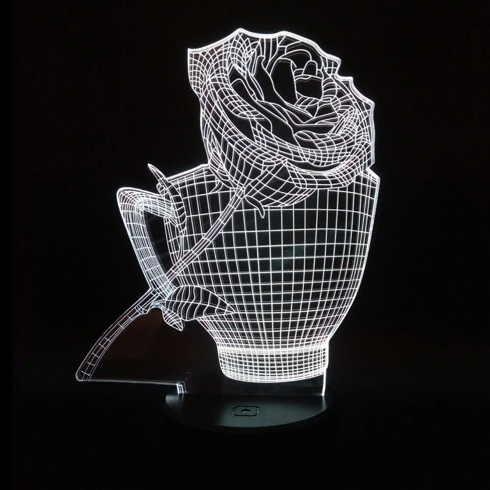 3D rose shaped LED night light with acrylic design and remote control showing multiple colour options