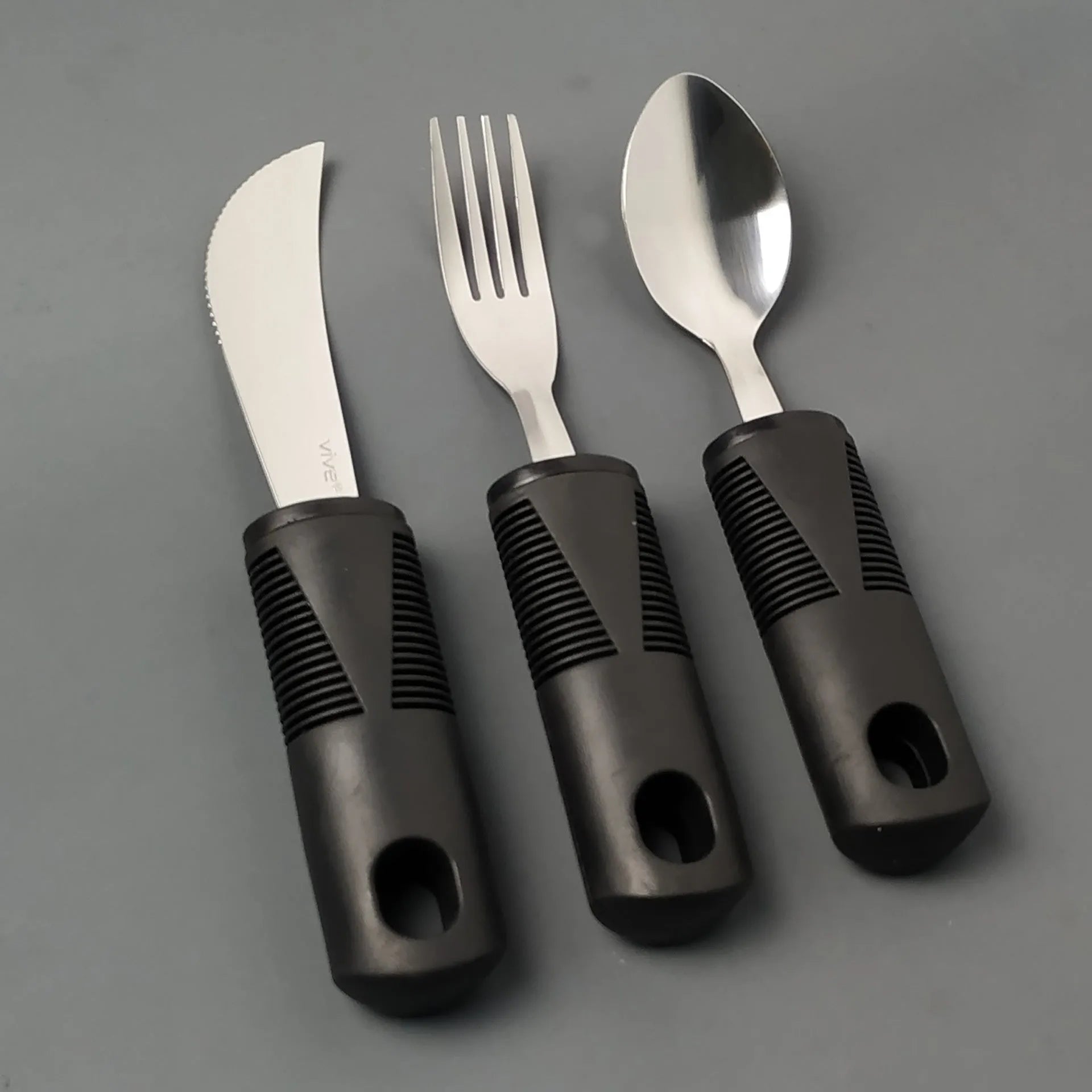 Stainless steel adaptive cutlery with rubber anti-shake grips and bendable handles