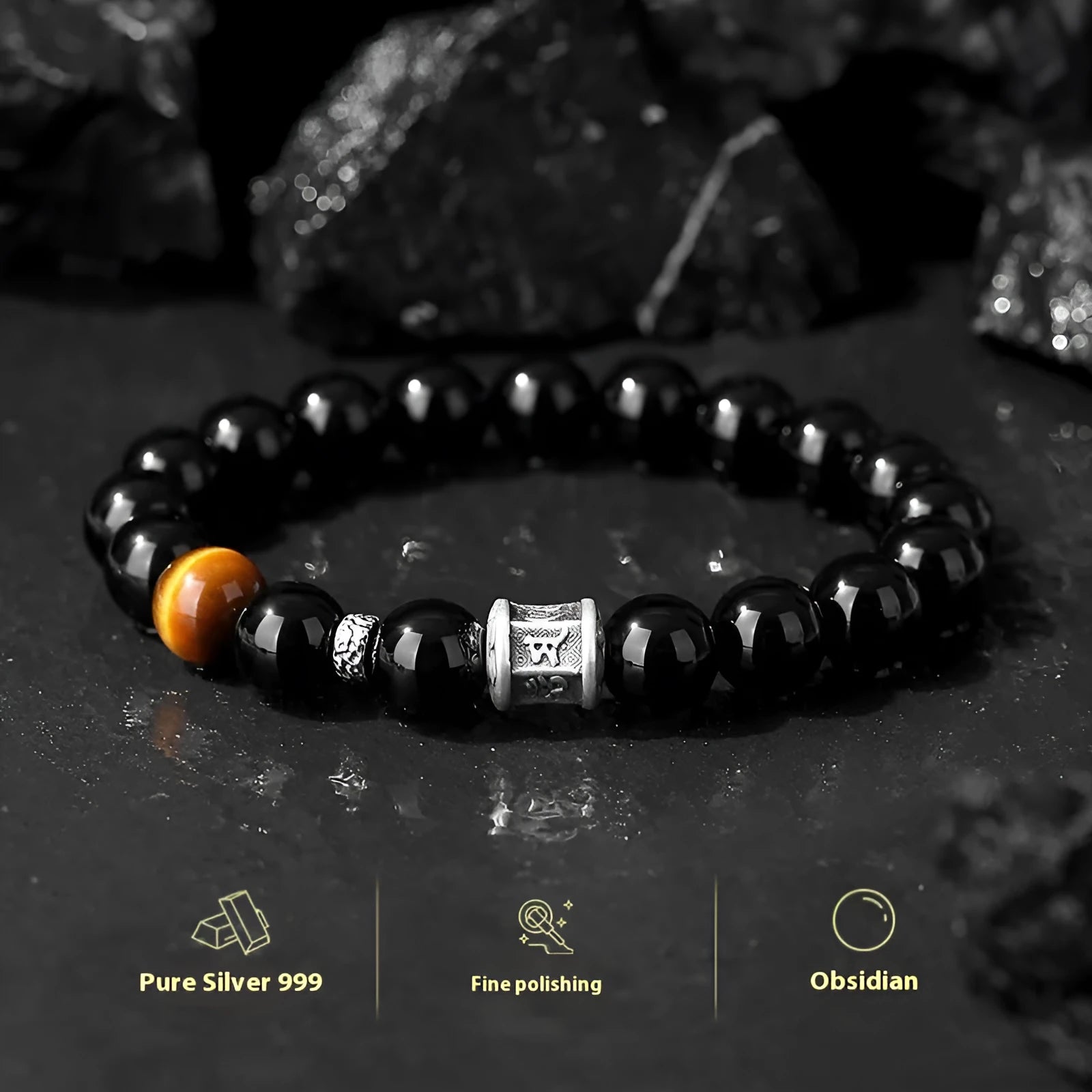 Men's black obsidian mantra bracelet with 10mm prayer wheel beads and silver connections