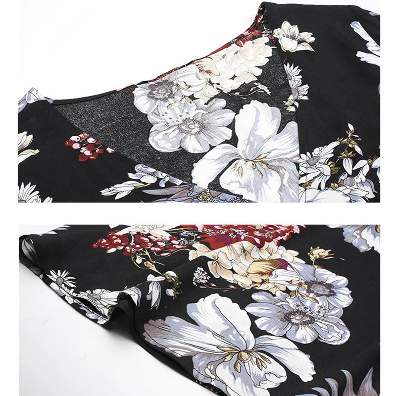 Yellow floral print women's summer dress with V-neck, short sleeves, and elasticated waist.