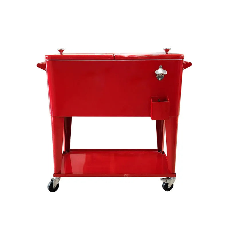 Red outdoor metal insulated cart with ice bucket functionality and 750ml capacity