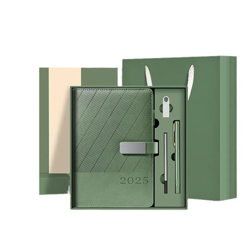 Thick office notepad with striped PU leather cover showing 204 sheets of 80g wood-free paper