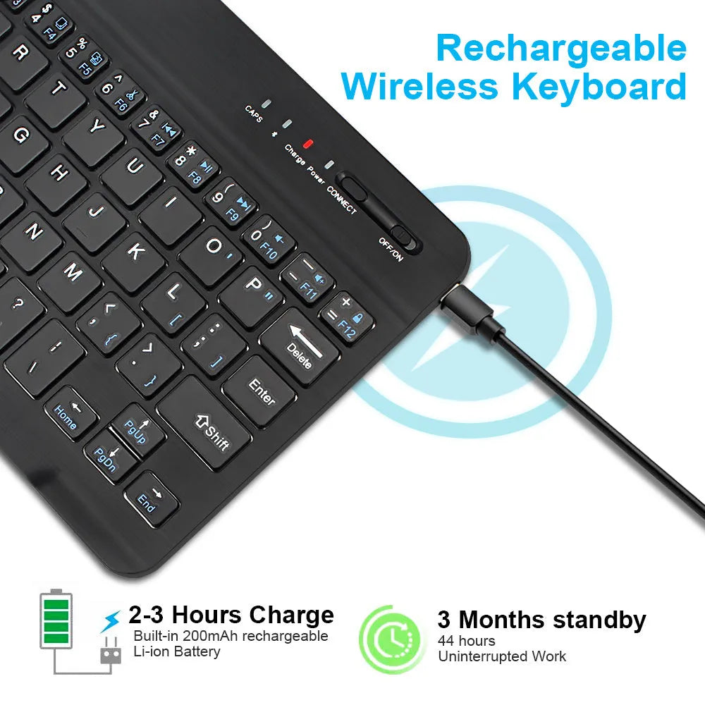 Compact black or white mini Bluetooth wireless keyboard for tablets with a 10-metre range.