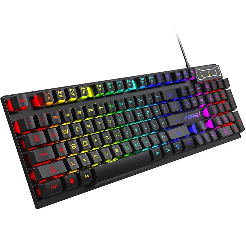 Black gaming keyboard and mouse bundle with backlight illumination on 104 keys