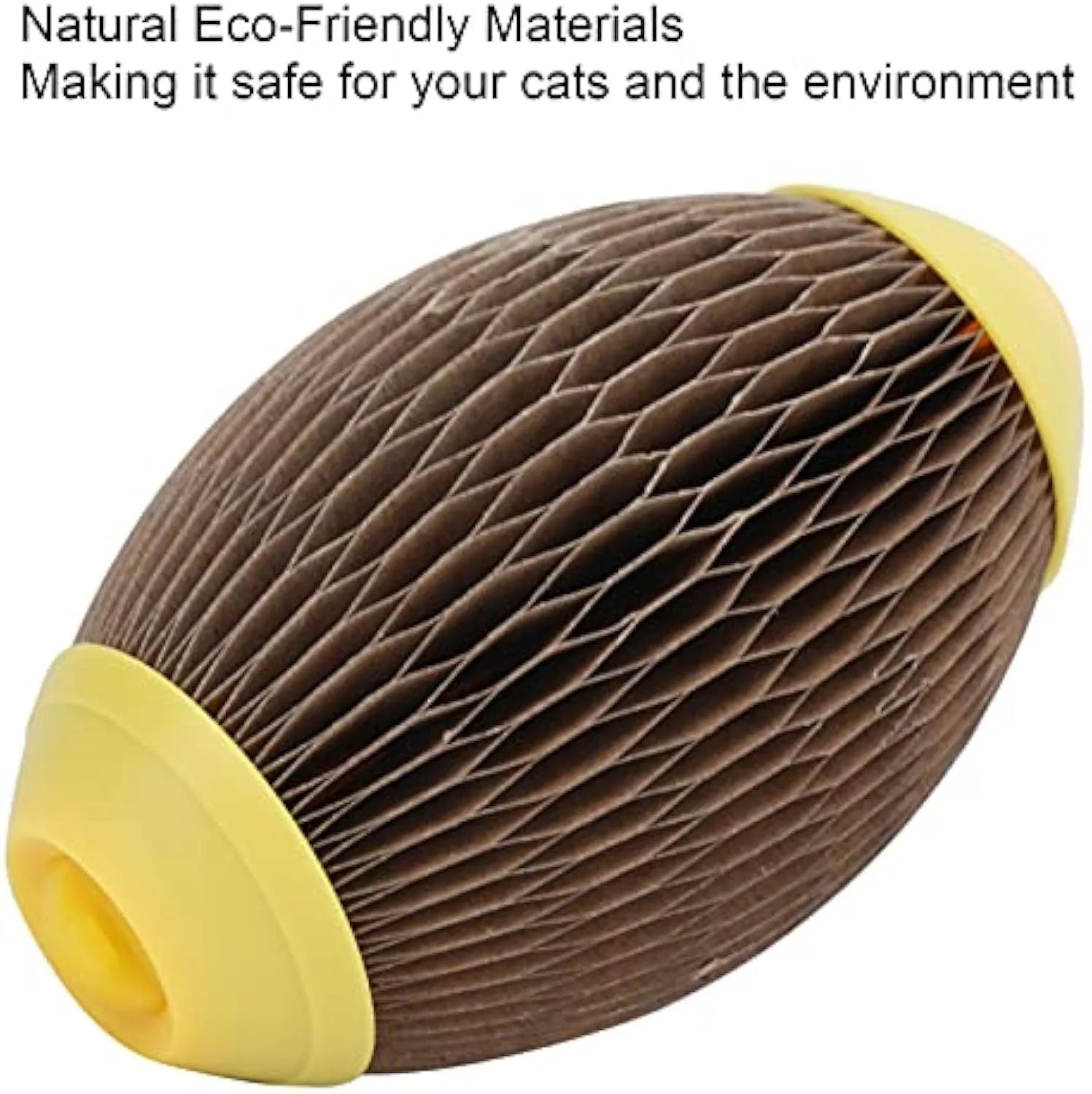 Ellipse-shaped grey corrugated cardboard catnip football toy with a scratch surface.