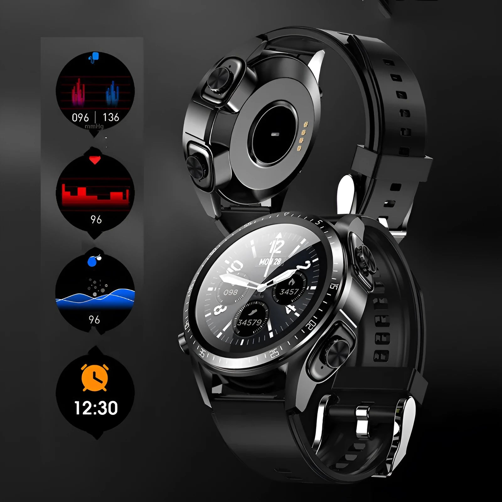 Black smart watch with silicone strap showing blood pressure and oxygen monitoring on its 1.28 inch screen