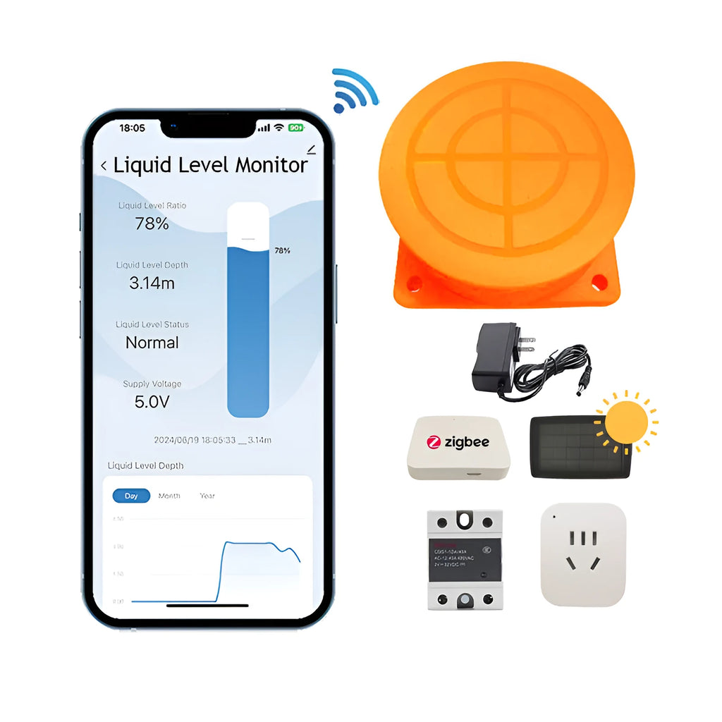 Moray ME201W wireless fluid level sensor monitor for water and oil tanks with Wi-Fi and smartphone app.