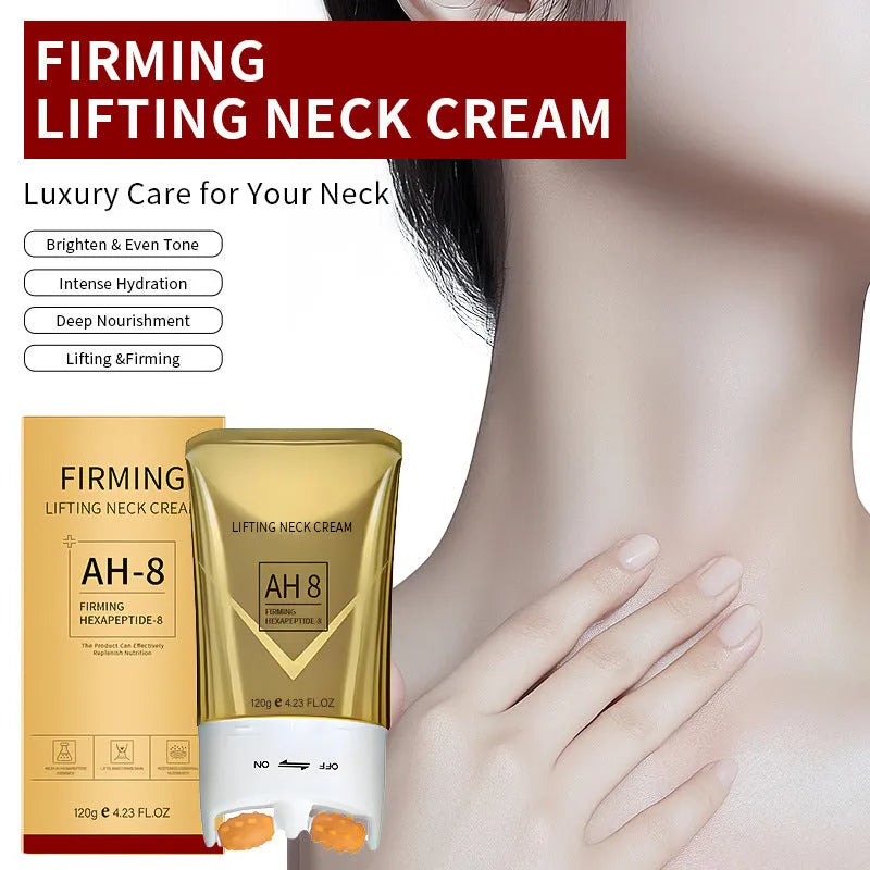 Jar of 120g roller neck cream for firming and wrinkle reduction with massage applicator.