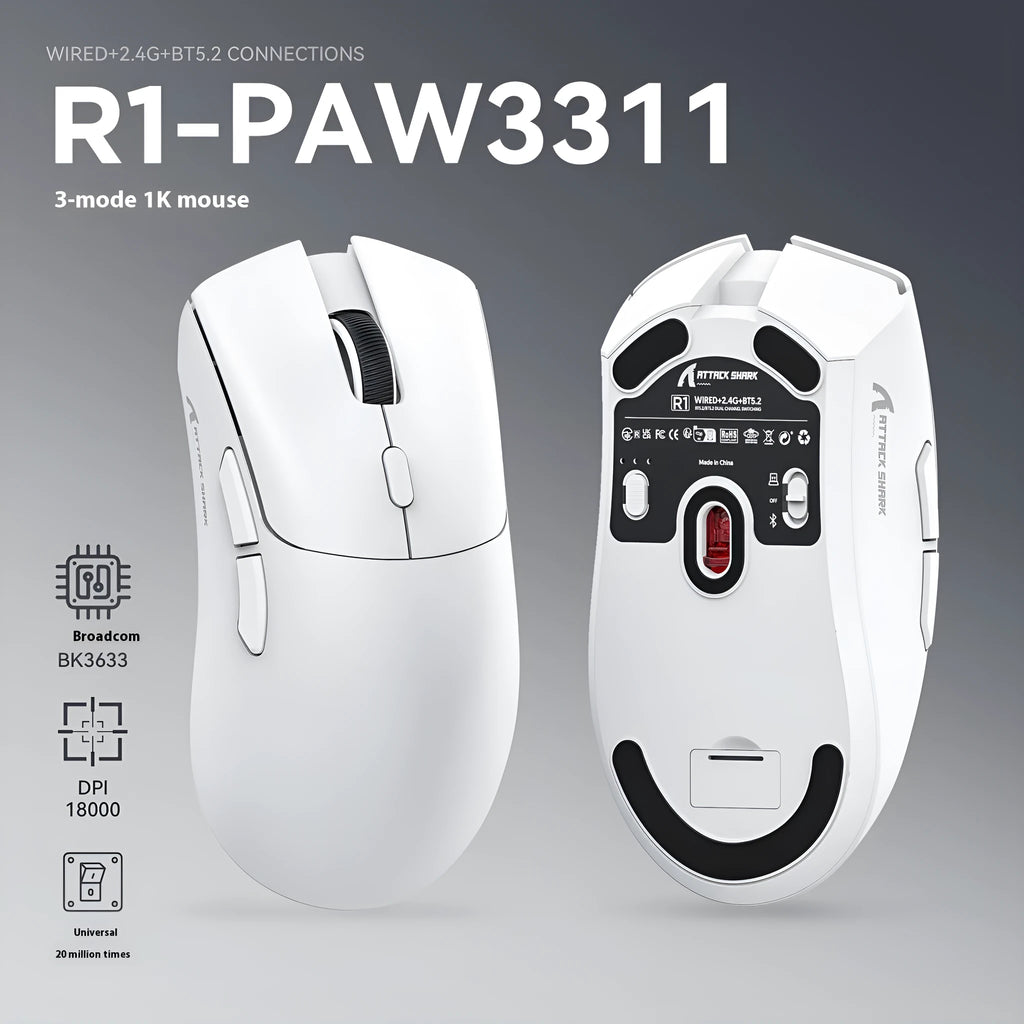 Attack Shark wireless three-mode mouse in black, red or white colours for laptop gaming and office use