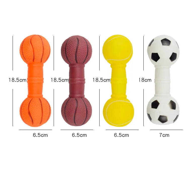 Brown orange white yellow football-dumbbell shaped dog chew toy with squeaky mechanism