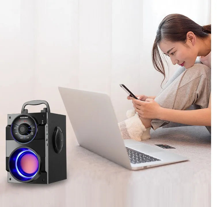 Black mini portable audio system with subwoofer, satellite speakers, and 1.2m connection cable