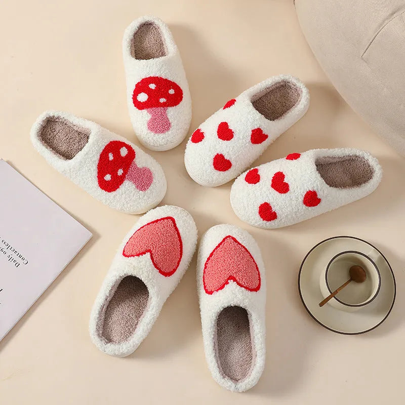 Adult women's plush cartoon pattern slippers with round toe and non-slip PVC sole
