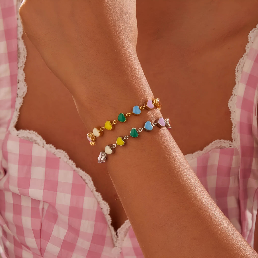 Love heart-shaped titanium steel bracelet with colourful oil finish in gold and steel colour options