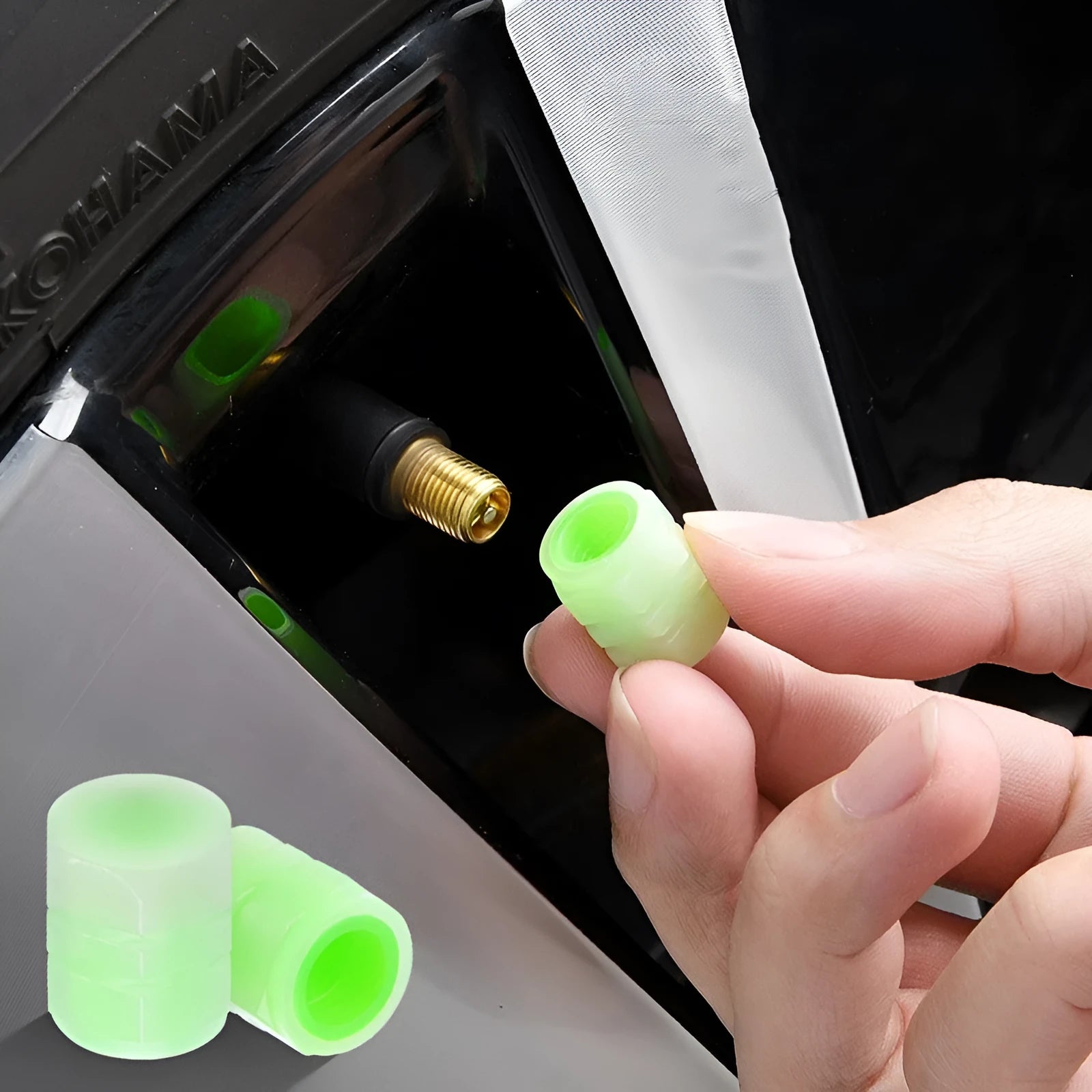Rubber luminous car valve caps measuring 16mm diameter for universal tyre valve stems