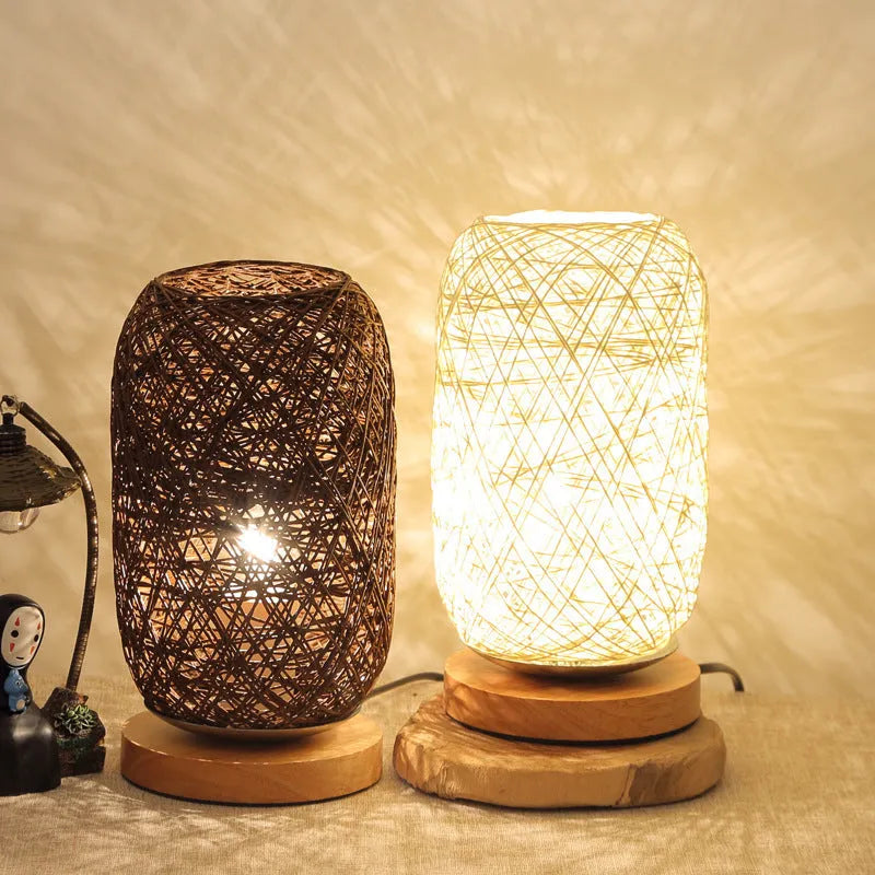 Twine Sepak Takraw desk lamp with woven hemp rope shade on solid wood base