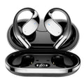 Black sports Bluetooth earphones with hanging ear design showing digital display screen