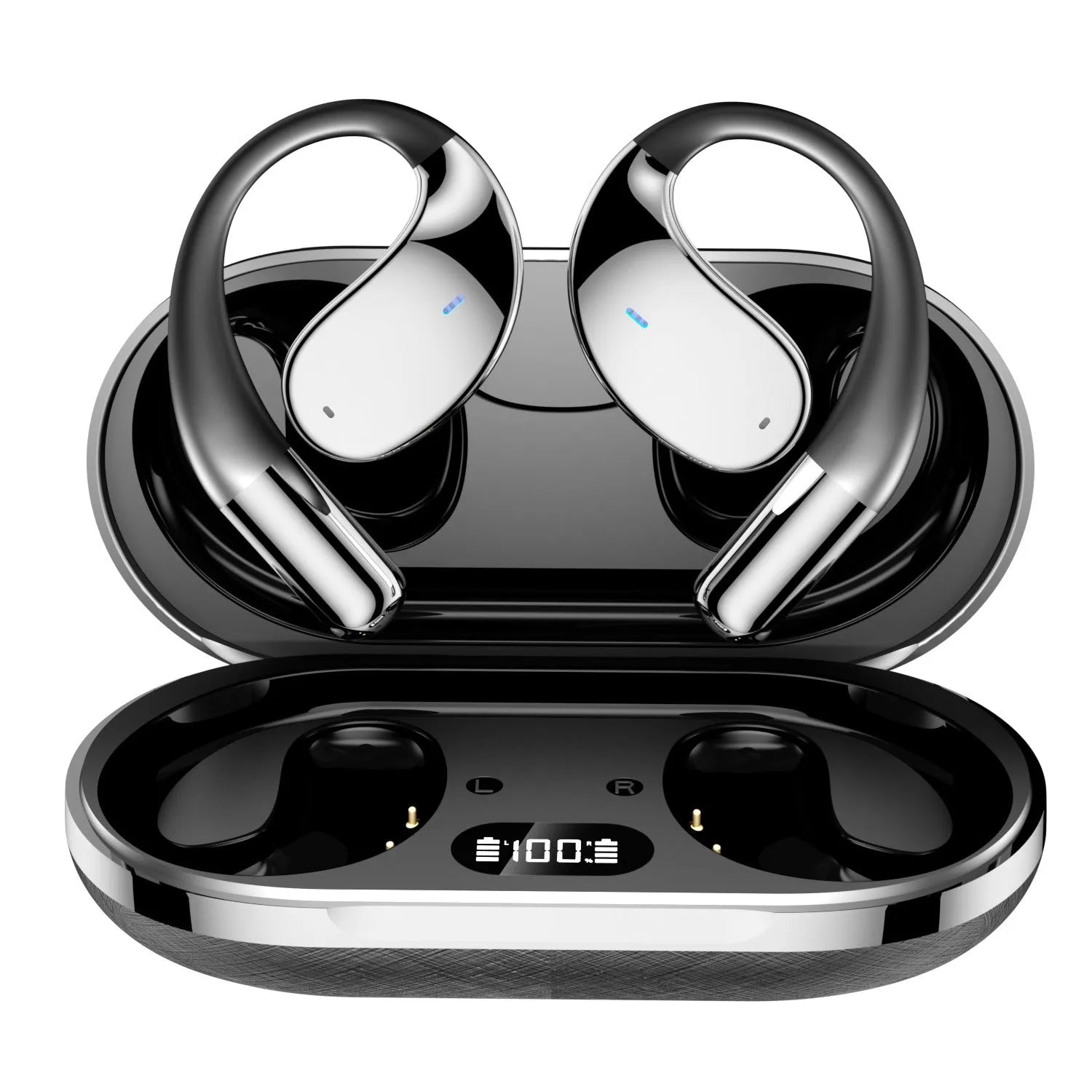 Black sports Bluetooth earphones with hanging ear design showing digital display screen
