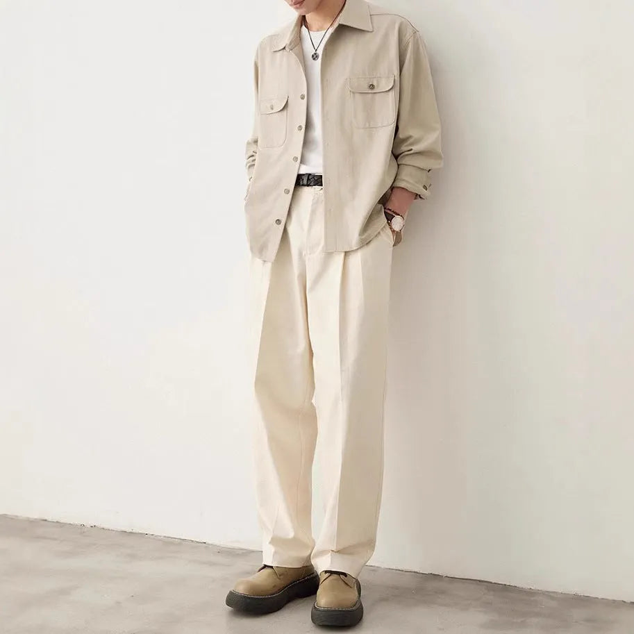 Men's long sleeve shirt with cotton fabric lapel in light sand rice colour