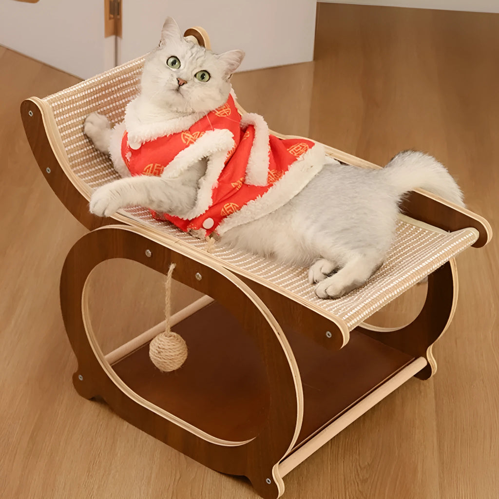 Solid wood sisal scratching mat with integrated recliner cat bed in walnut colour