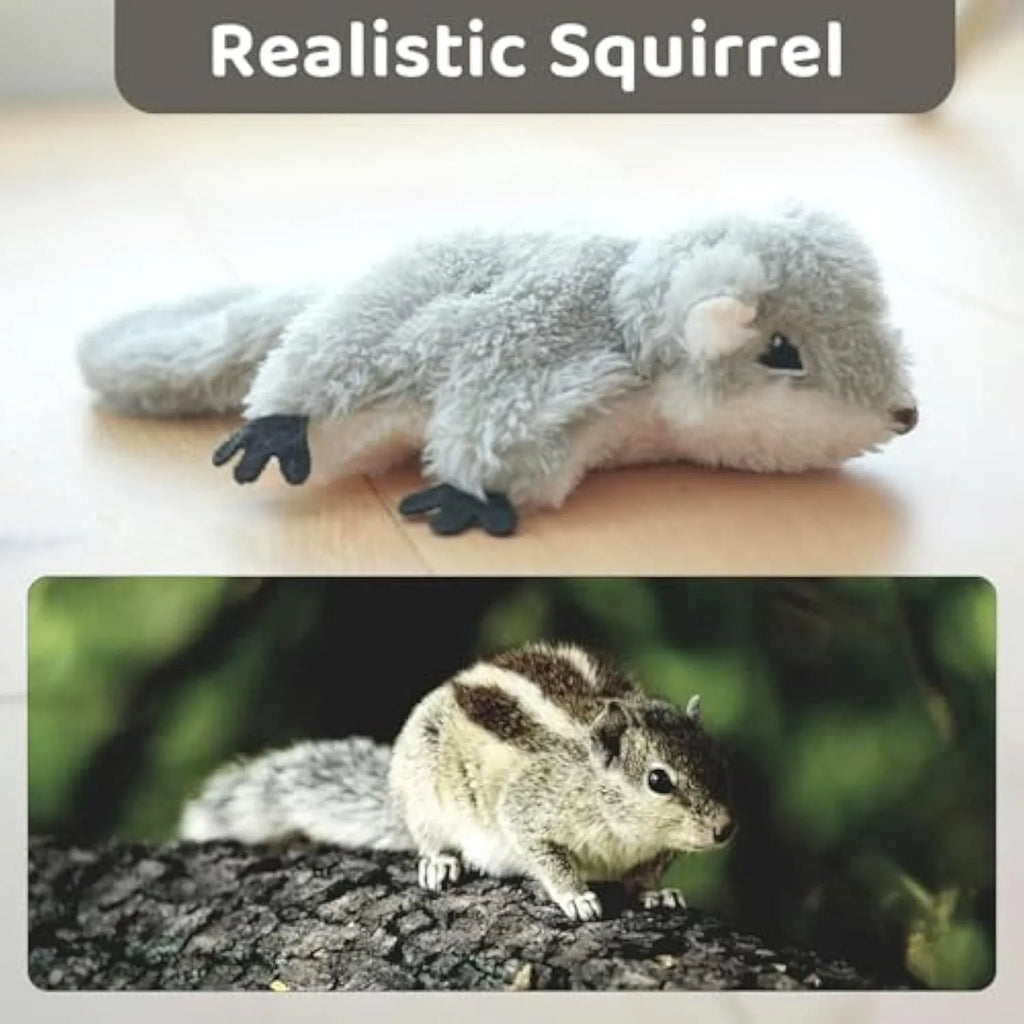 Grey flapping squirrel cat toy with USB charging cable on a plain background.