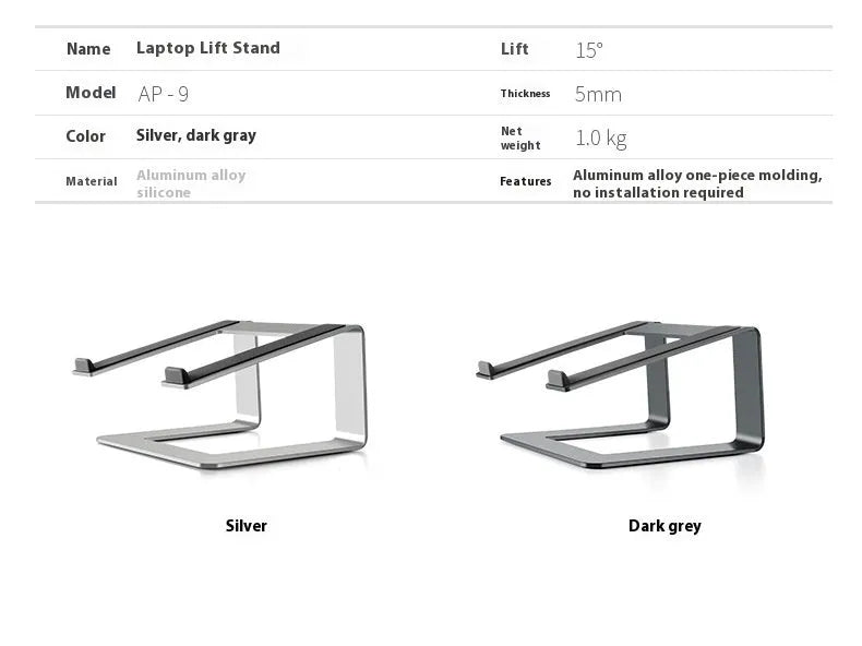 Aluminium laptop stand in black colour showing 29.9cm width and 18.5cm height dimensions