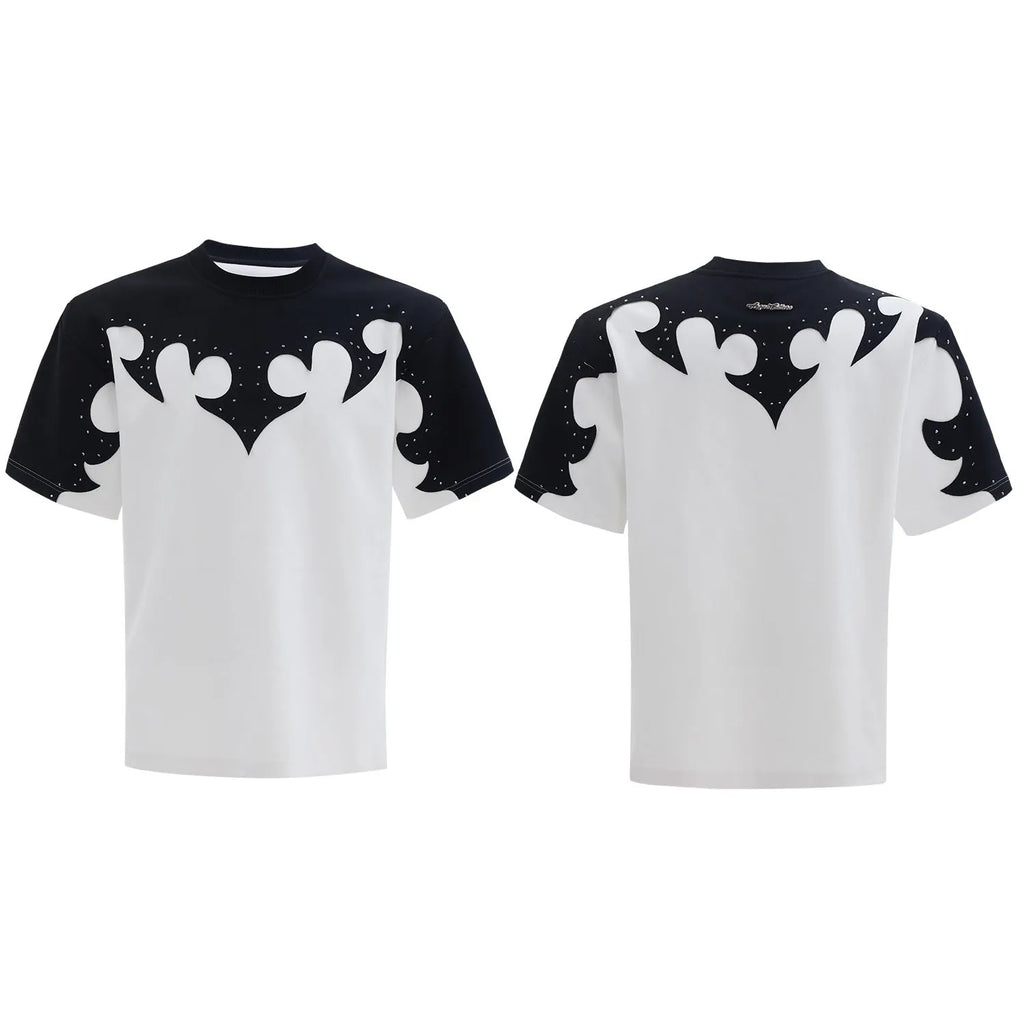 Men's cotton shirt with burnt flower stitching pattern and rhinestone accents on short sleeves