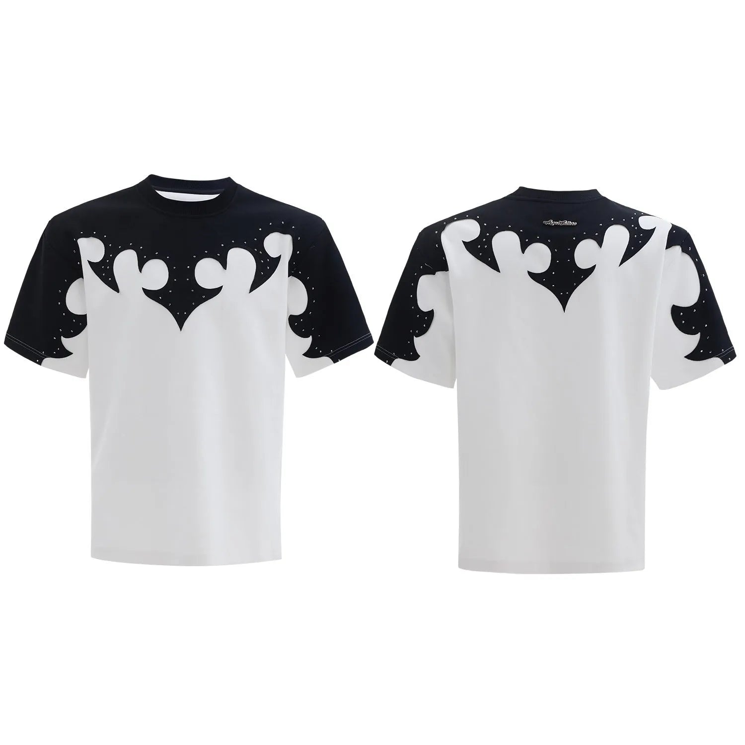 Men's cotton shirt with burnt flower stitching pattern and rhinestone accents on short sleeves