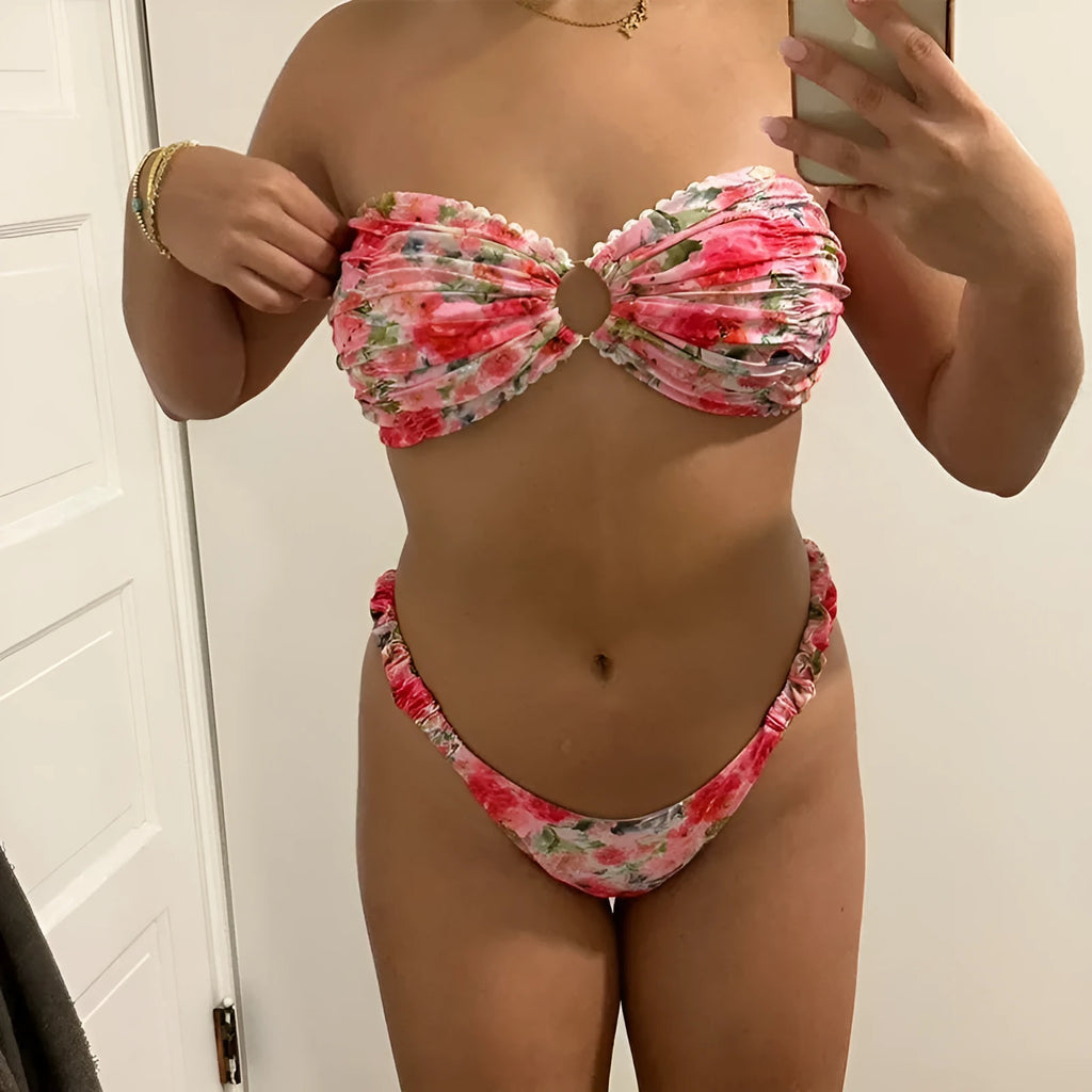 European style floral printed swimwear bikini set with tube top and briefs in blue colour option