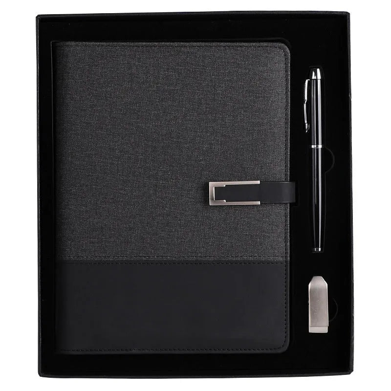 A5 business notebook with PU leather cover in brown, black, green, blue, or red, alongside a luxury gift box.