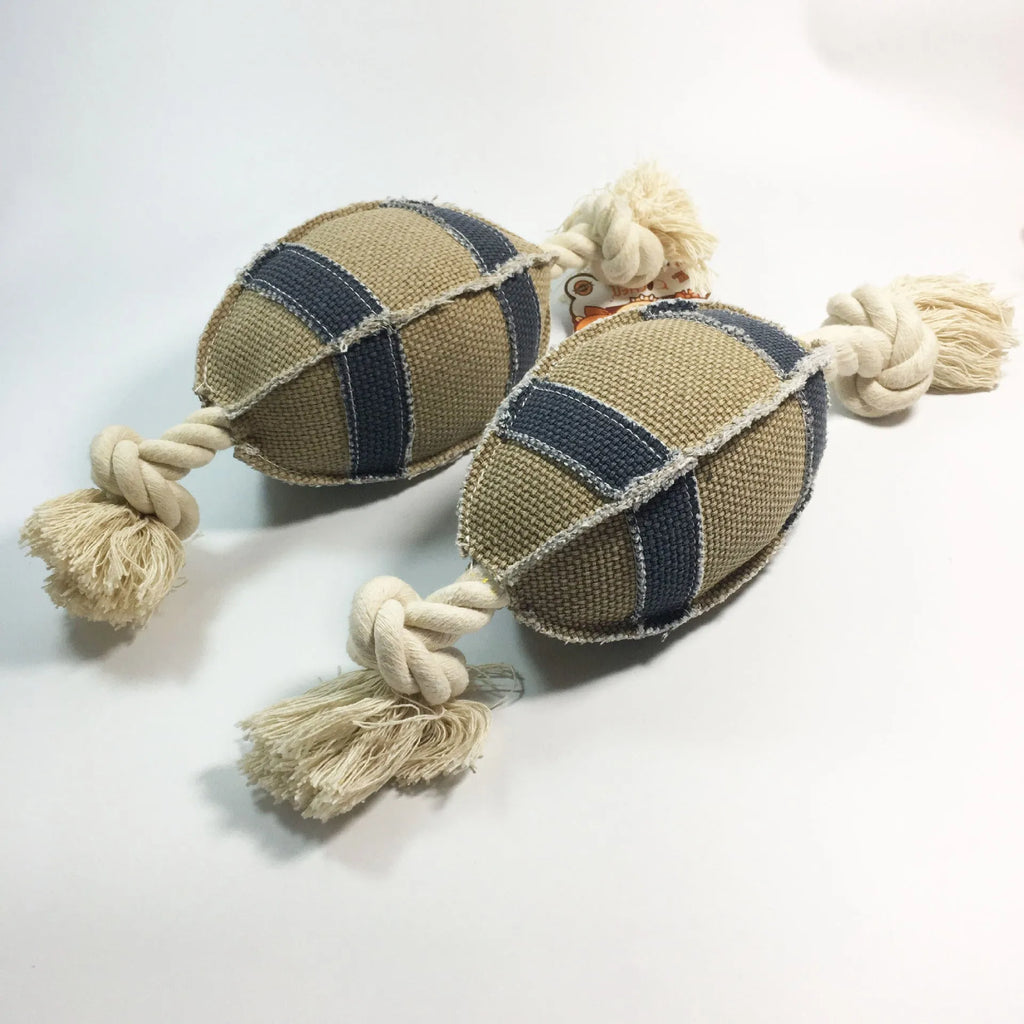 Linen cotton rope dog toy rugby football with bell, 24cm, bite resistant