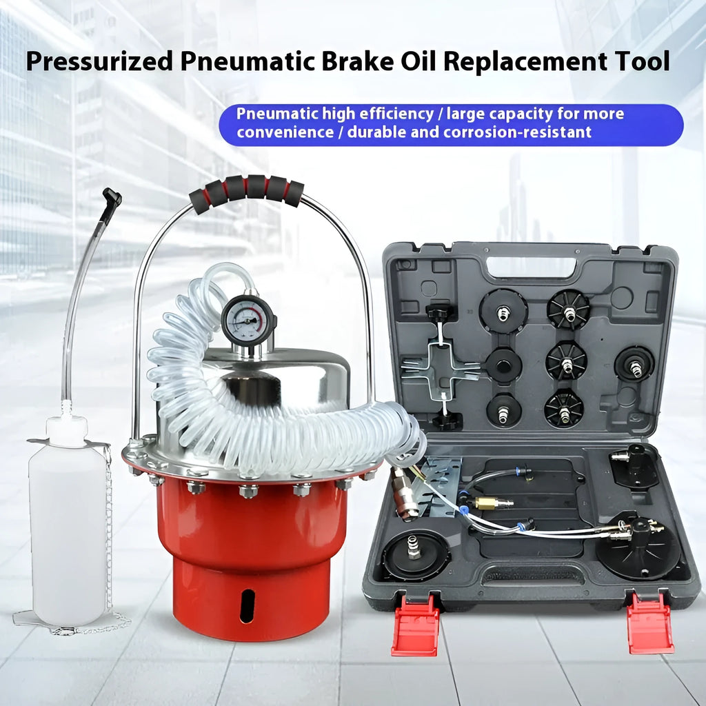 Pneumatic brake fluid replacement machine with large tank, pressure gauge, and regulator on a metal chassis.