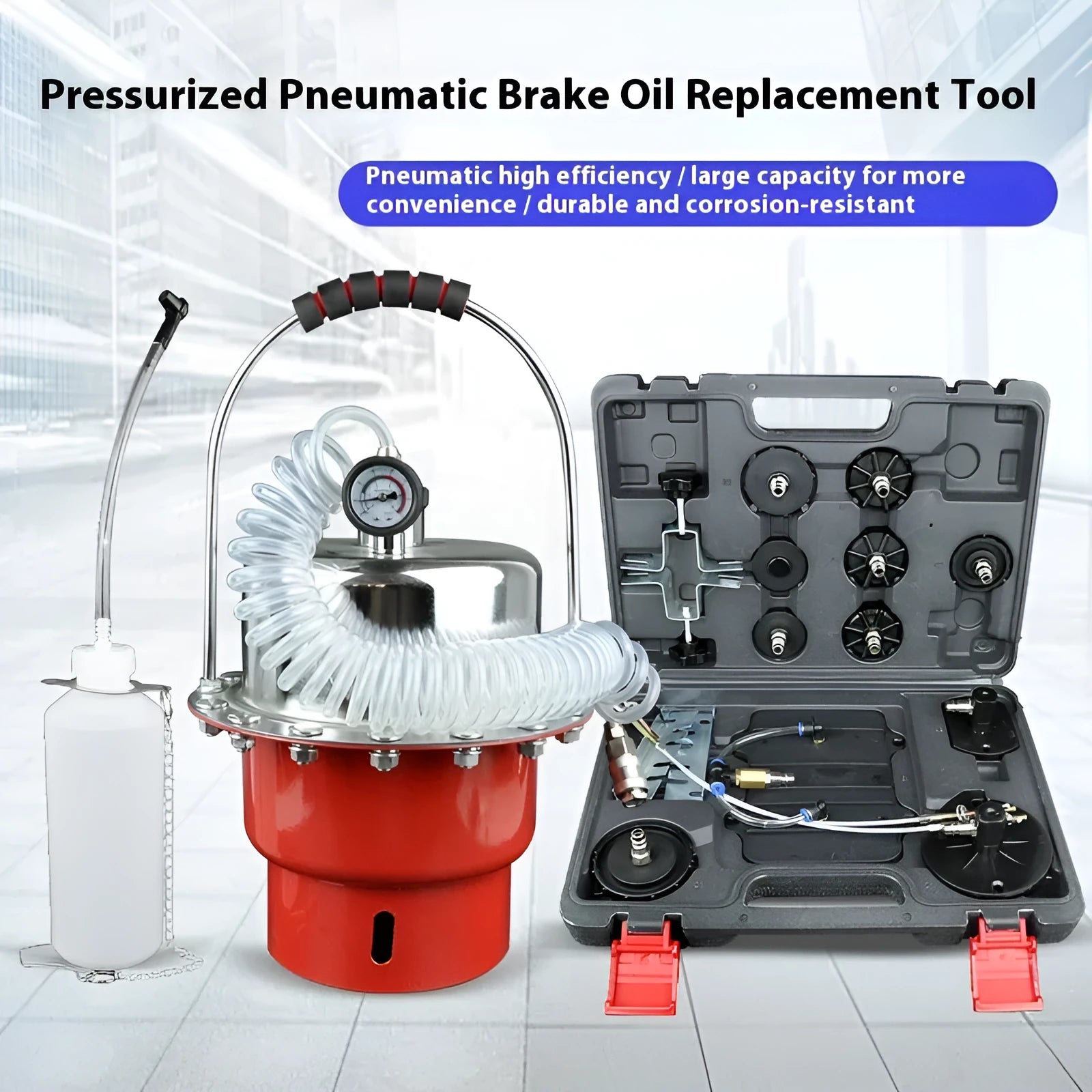 Pneumatic brake fluid replacement machine with large tank, pressure gauge, and regulator on a metal chassis.