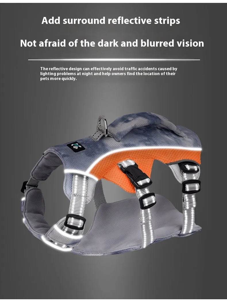 Reflective dog chest strap with cooling feature in light blue, shown on a dog.