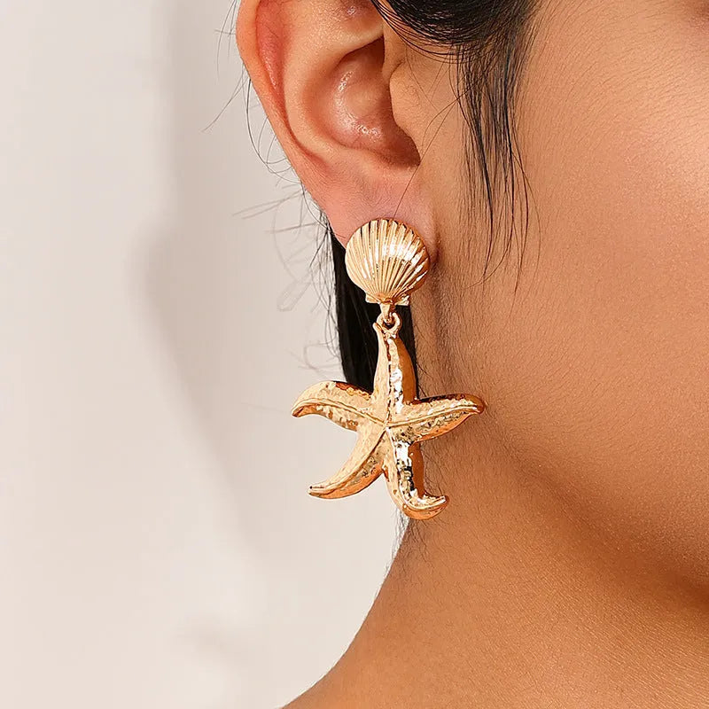 Gold starfish shell drop earrings for women exaggerated personality design