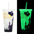 Halloween luminous plastic straw cup with sippy lid, 720ml capacity, in assorted colours.
