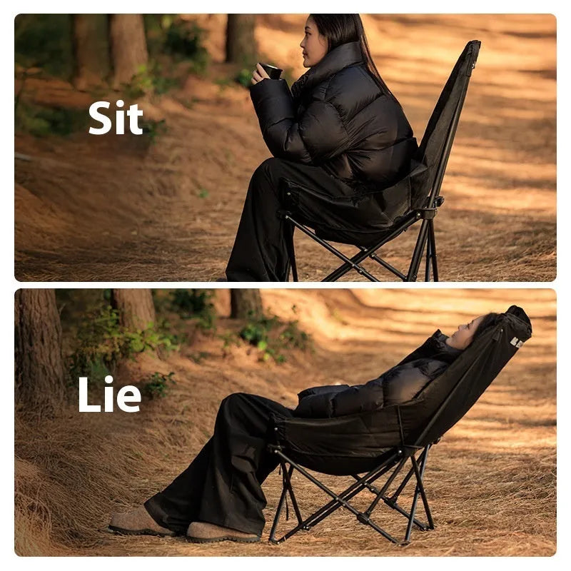 Night Black Oxford cloth camping recliner moon chair in folded and unfolded positions
