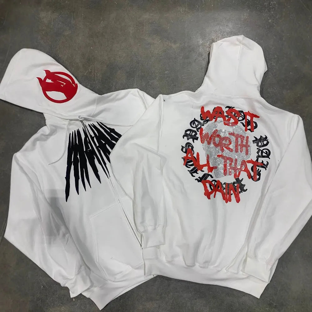 Black loose hooded sweatshirt with white skull letter pattern and hot rhinestone details on front