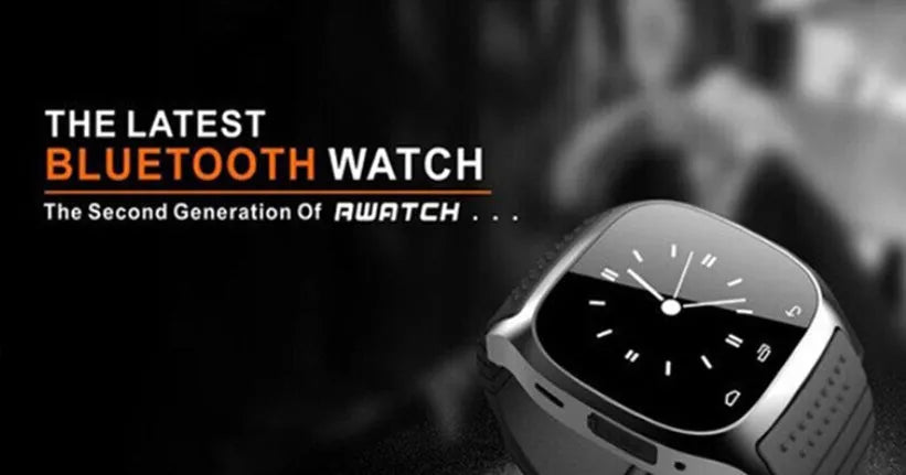 Smart Bluetooth sports watch in black, white, or blue, showing smartphone compatibility and features like calling and fitness tracking.