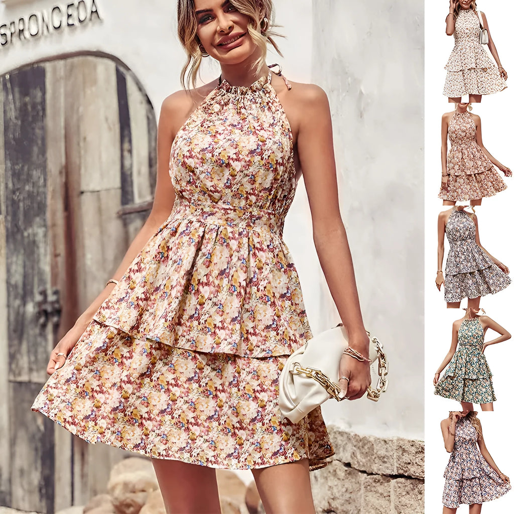 Women's backless boho halter dress with A-line silhouette and ruffle detailing in summer print